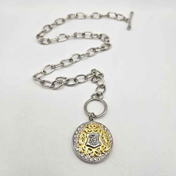 Juicy Couture Pendant Necklace Y2K Coat Of Arms Rhinestone Silvertone Goldtone - Picture 4 of 6